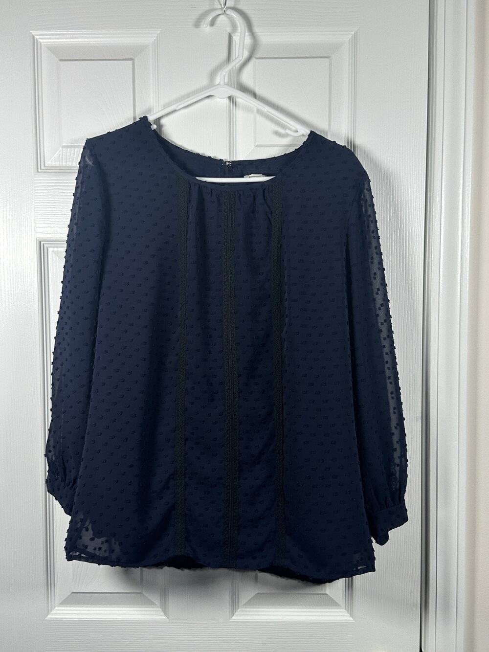J.Crew Navy Blue Swiss Dot Lace Trim Blouse Top Women's Size 12